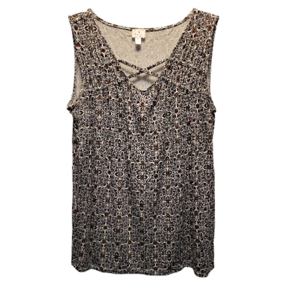 Dressbarn Black, White and Brown Geometric Patterned Sleeveless Blouse - Size XL